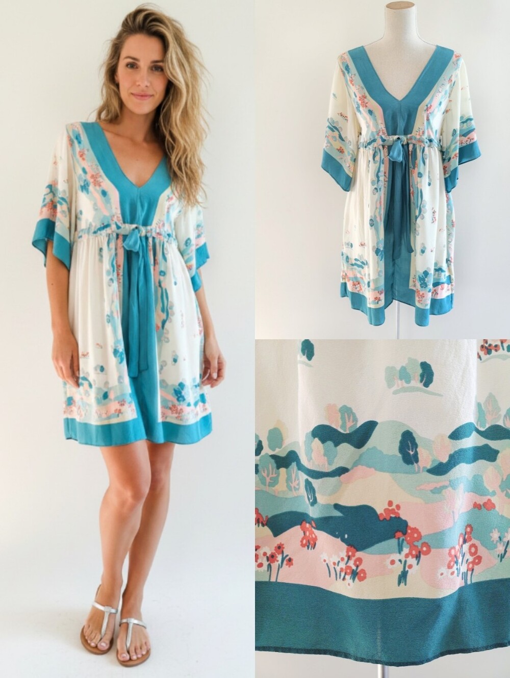 Silk Floral V-Neck Mini Dress Beach Cover Up with Waist Tie